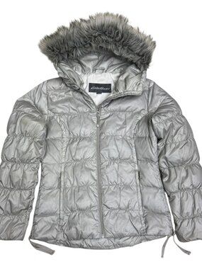 EDDIE BAUER Goose Down Silver Faux Fur Winter Puffer Parka Coat Jacket Womens S
